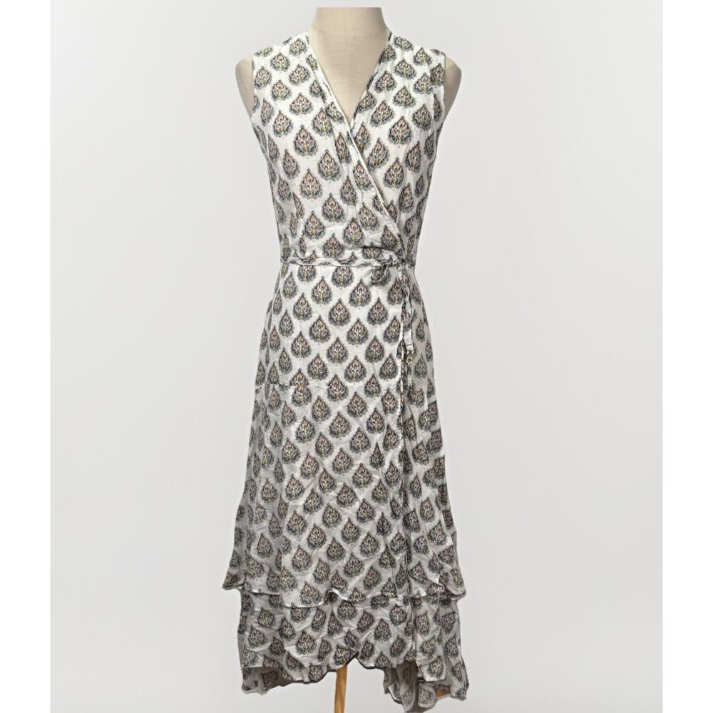 Roller Rabbit Printed Wrap Dress Midi Boho Lightweight Blue White Womens Size XS